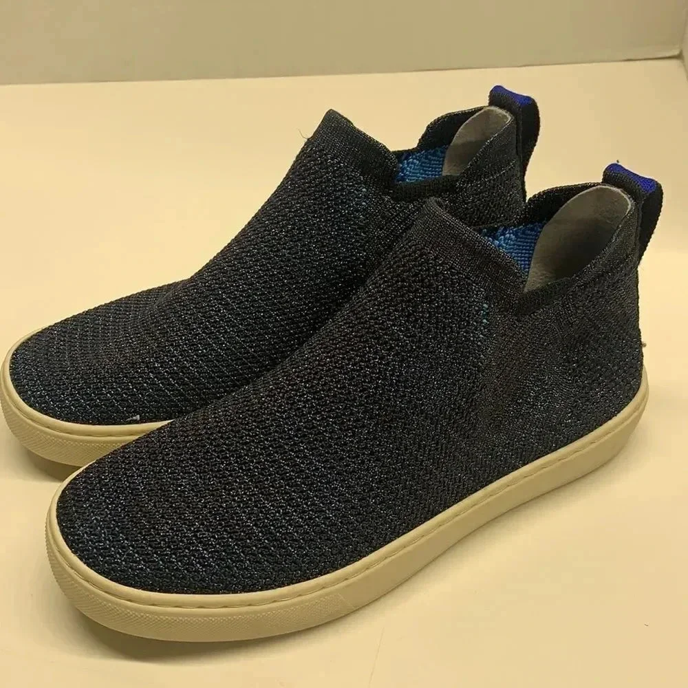 Rothys Chelsea Sneaker Shoes High Top Metallic Lattice Stitch Blue Size 5.5 - Picture 6 of 14